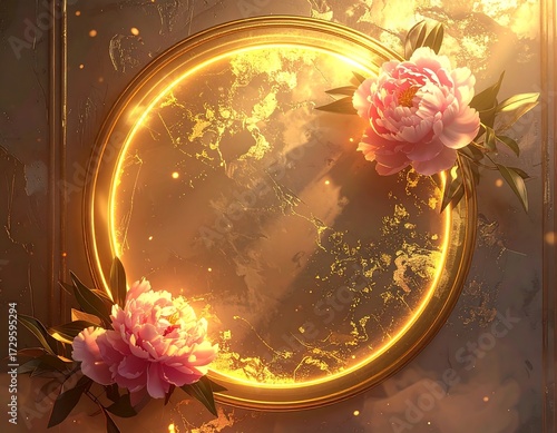 Glowing Circle Frame with Pink Flowers and Textured Background