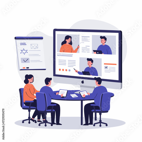 Modern Flat Illustration People Having Online Meeting Conference Call Design