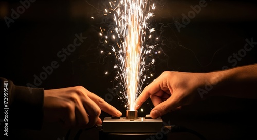 Two human hands interact with a specialized pyrotechnic device, triggering a brilliant vertical fountain of golden sparks against a dramatic dark background, symbolizing energy and activation.