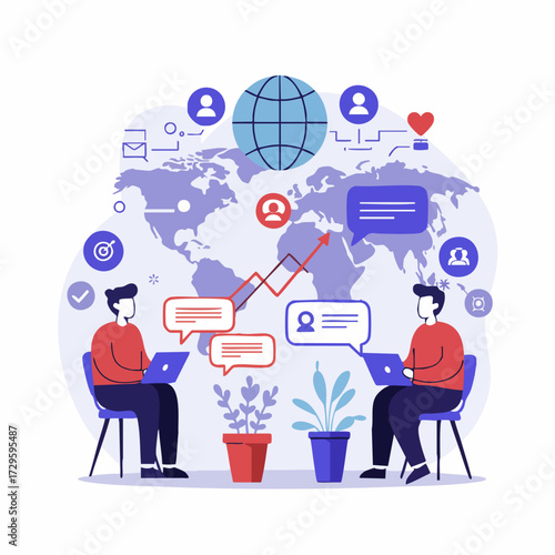 Flat Illustration Two People Global Communication via Laptop Concept
