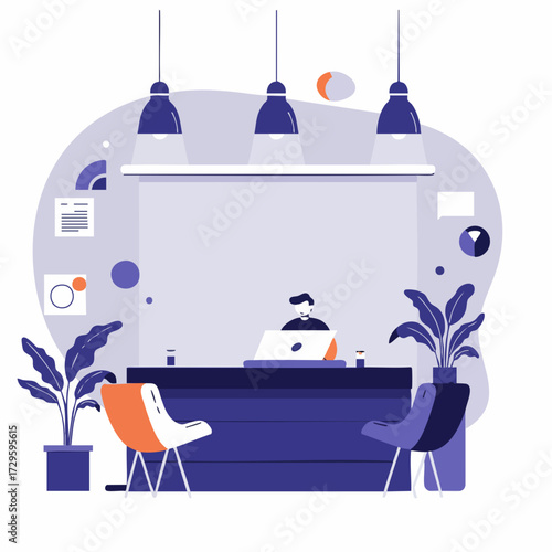 Modern Flat Style Reception Area Interior Workspace Illustration Design