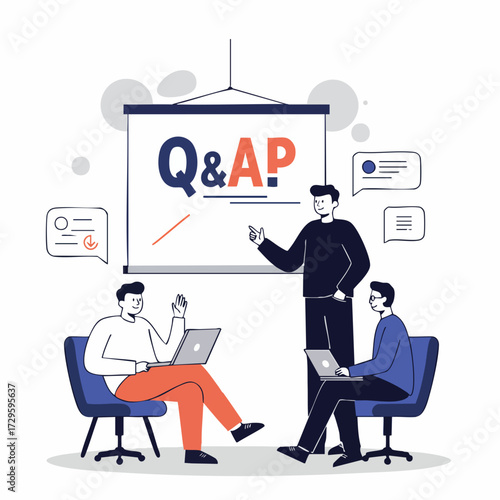Flat Illustration Team Meeting Discussing Question and Answer on Presentation Board
