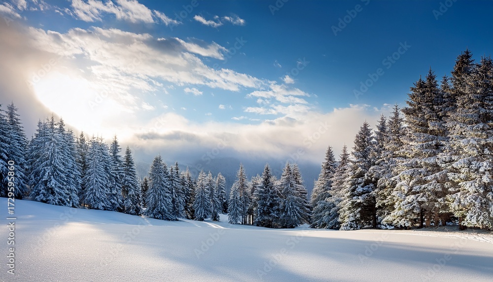 Fototapeta premium Snow Covered Landscape With Trees Under A Bright Sky