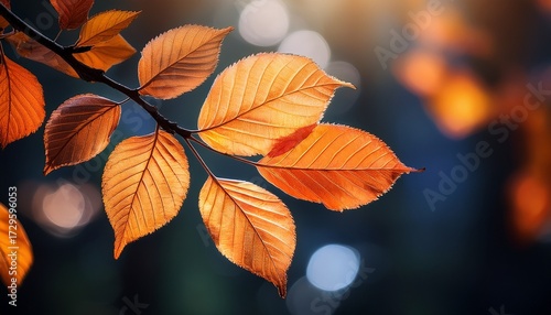 A Leafy Tree Branch With A Bright Orange Leaf