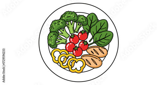 Healthy meal bowl with chicken and fresh vegetables like broccoli, tomatoes, and spinach. Hand-drawn vector illustration svg isolated on transparent background.