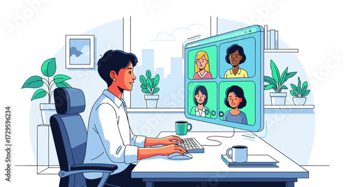 Professional woman in a virtual team meeting video conference at her modern home office desk. Vector illustration svg isolated on transparent background.