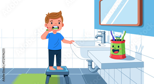 Young boy brushing his teeth in the bathroom as part of his daily morning hygiene routine to prevent cavities, promoting good dental care. Vector illustration.