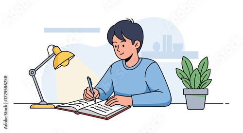 A dedicated young man studiously writing in a notebook at his desk, illustrating concepts of education. Vector illustration svg isolated on transparent background.