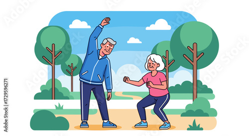 Happy senior couple exercising together in a park for a healthy active lifestyle. Elderly man and woman working out outdoors. Vector illustration svg.