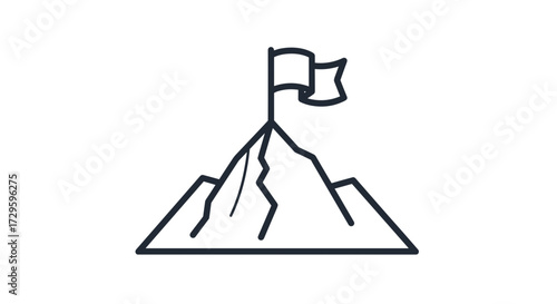 Mountain peak icon with a flag, symbolizing success, achievement, mission, and leadership. Line art svg vector illustration isolated on transparent background.