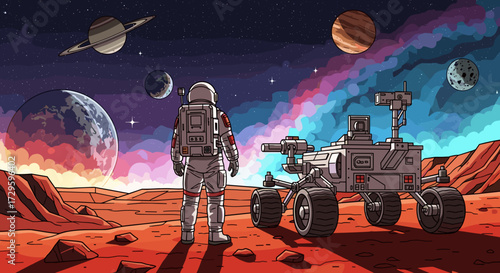 Astronaut and Mars rover in pixel art style looking at a vibrant cosmic sky with planets. Vector illustration svg isolated on transparent background.