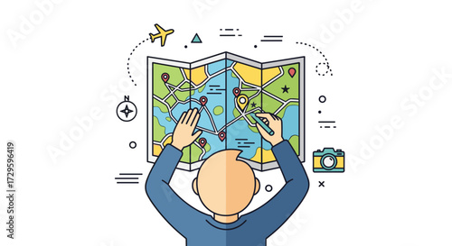Vector illustration of a person planning a trip by tracing a destination route on a foldable map with travel icons isolated on a transparent background.