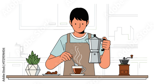 Young man barista in an apron preparing morning coffee, stirring a cup of hot espresso from a moka pot in a modern kitchen, svg vector illustration isolated