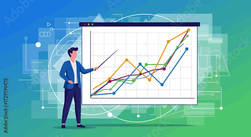 Businessman giving presentation with a line graph, explaining data analytics for corporate finance strategy. Vector illustration isolated on transparent background.