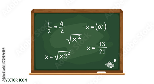 Green chalkboard vector illustration with complex mathematical equations and algebraic formulas in chalk, isolated on a transparent background for education svg.