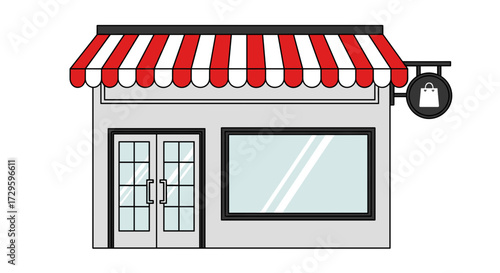 Small business storefront vector illustration with a classic red and black striped awning and glass display window, isolated on transparent background. svg