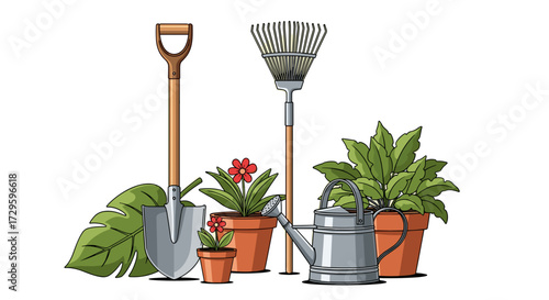 A vector illustration set of gardening tools including a shovel, rake, watering can, and potted plants with flowers, isolated on transparent background. svg