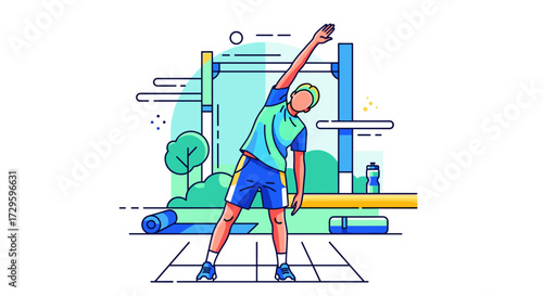 Man stretching in an outdoor gym, performing a side bend exercise for warm-up. Modern fitness and healthy lifestyle concept vector illustration, svg file.