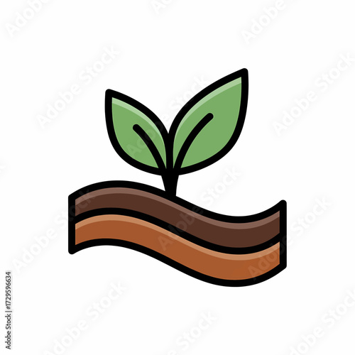 A simple cartoon illustration of a green seedling with two leaves growing from a layered soil cross-section.
