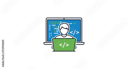 Programmer coding on a laptop, software developer writing code vector illustration. Technology icon for web development isolated on transparent background.