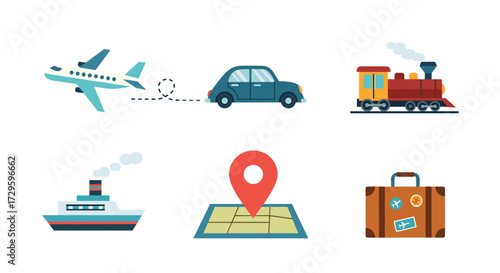 Vector illustration icon set of various travel and transportation methods including airplane, car, train, and ship with map and luggage for trip planning. SVG