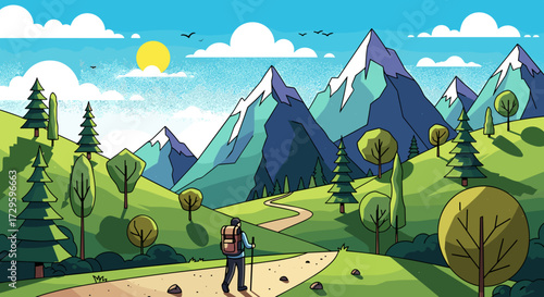 Hiker on mountain trail in vibrant summer landscape with snow-capped peaks. SVG vector illustration isolated on transparent background for easy editing.