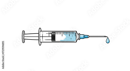 Medical syringe icon with needle and blue liquid vaccine for injection or treatment. Healthcare concept svg vector illustration isolated on transparent background.
