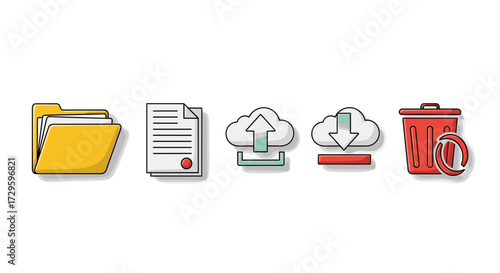 Flat line icon set for file management including folder, document, cloud upload, download, and delete. Vector illustration svg isolated on transparent background.