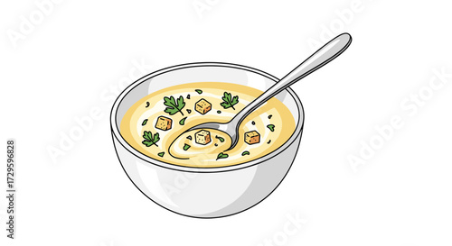 Bowl of creamy soup with a spoon, garnished with fresh parsley and crunchy croutons, a delicious vector illustration isolated on transparent background.