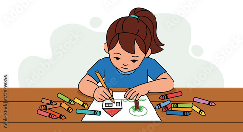 A creative little girl engrossed in drawing a house with vibrant crayons at her desk. A concept for childhood hobby and art education svg vector illustration.