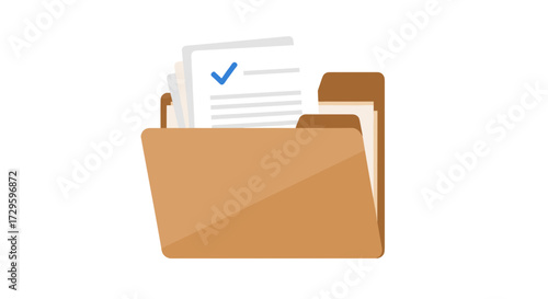 Folder icon with paper documents and checkmark, concept for file organization or project approval. SVG vector illustration isolated on transparent background.