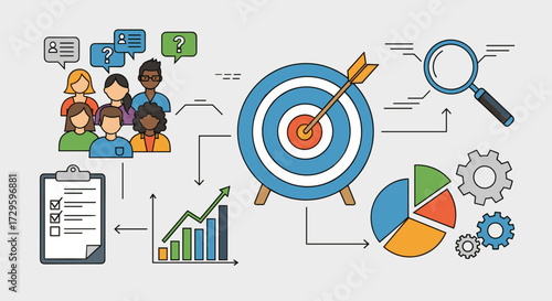Business marketing strategy concept with target audience, data analysis chart, and growth graph icons. A vector illustration isolated on transparent.