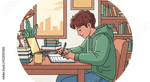 Young person drawing on a digital tablet at a desk in a home office with books, laptop. Vector illustration svg isolated on transparent background.
