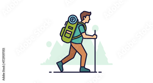 Outdoor enthusiast hiking with backpack and walking stick through mountains. A dynamic flat SVG vector illustration isolated on transparent background.