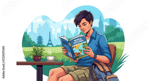 Young man traveler reading a world map travel guide book in a park cafe with global city landmarks in background, isolated on transparent background, svg vector illustration.