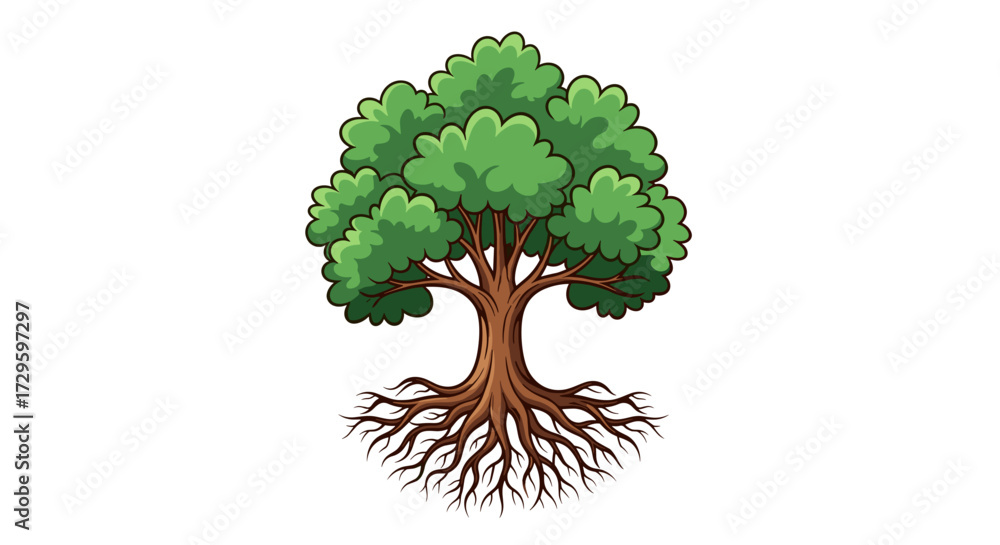 Obraz premium Detailed natural tree with prominent roots and vibrant green foliage, symbolizing growth, life, and nature. Vector SVG isolated on transparent background.