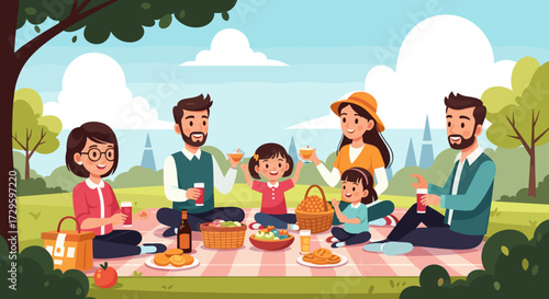 Happy diverse family enjoying a summer picnic in a lush green park, sharing food and laughter on a bright sunny day, vector illustration on transparent background.