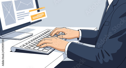 Hands typing on computer keyboard at office desk, focused on digital tasks and managing data. Vector illustration, SVG, isolated on transparent background.