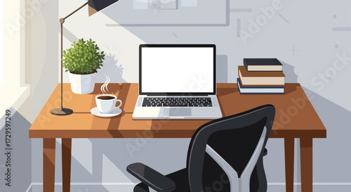 Modern home office workspace setup with an open laptop, coffee, and green plant bathed in natural sunlight, ideal for remote work, isolated on transparent background.