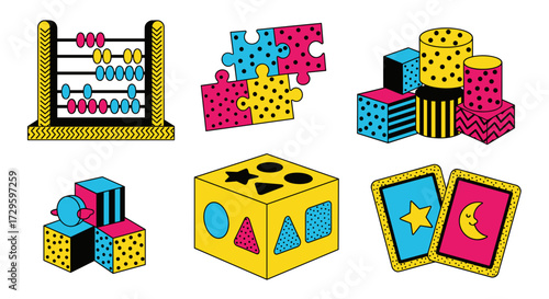 Colorful educational toys including abacus, puzzles, blocks, shape sorter, and cards