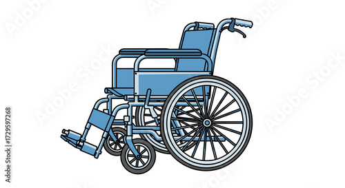 Blue medical wheelchair vector illustration for healthcare and mobility support, isolated on transparent background, for accessibility and personal care designs. svg