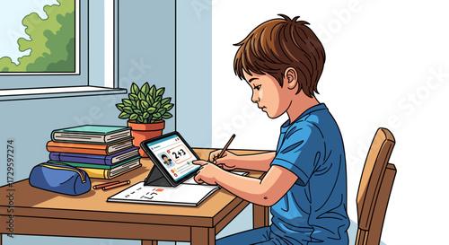 Young boy studying and writing homework at his desk using a digital tablet for e-learning, a detailed vector illustration svg isolated on transparent background.