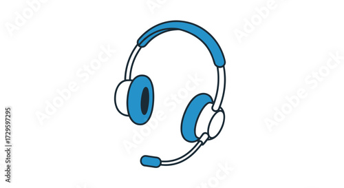 Blue professional headset with microphone for customer support, gaming, and communication, vector illustration svg isolated on transparent background.