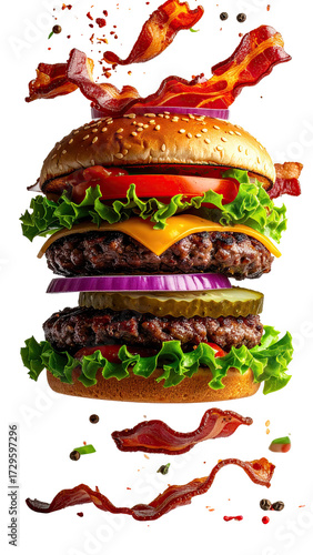 A towering burger, bursting with bacon and toppings, is presented in a dynamic, almost explosive style