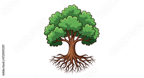 Detailed natural tree with prominent roots and vibrant green foliage, symbolizing growth, life, and nature. Vector SVG isolated on transparent background.
