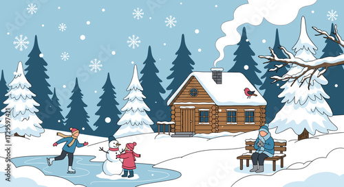Snowy winter forest scene, people skating, building snowman near rustic cabin, falling snow, vector illustration, isolated on transparent background, svg.