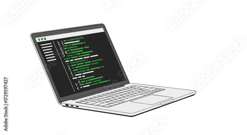 Modern laptop computer displaying programming code, illustrating software development and technology solutions, isolated on transparent background, vector illustration svg.