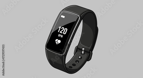 Black fitness tracker smartwatch showing heart rate. Modern digital wearable tech vector illustration SVG isolated on transparent background.