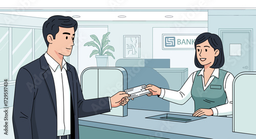 Customer making transaction with bank teller at counter. Service at modern bank, vector illustration svg isolated on transparent background.