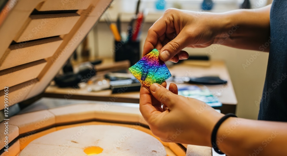 Obraz premium Craftsperson's hands holding a vibrant, iridescent fused glass art piece with a rainbow spectrum of colors, showcasing intricate texture near an open kiln in a creative workshop.